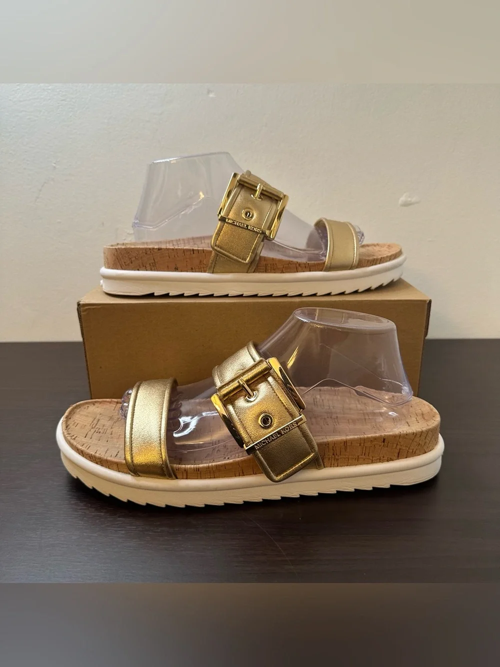 Michael Kors Colby Gold Leather Slide Sandals Buckle Cork Footbed Women's 11